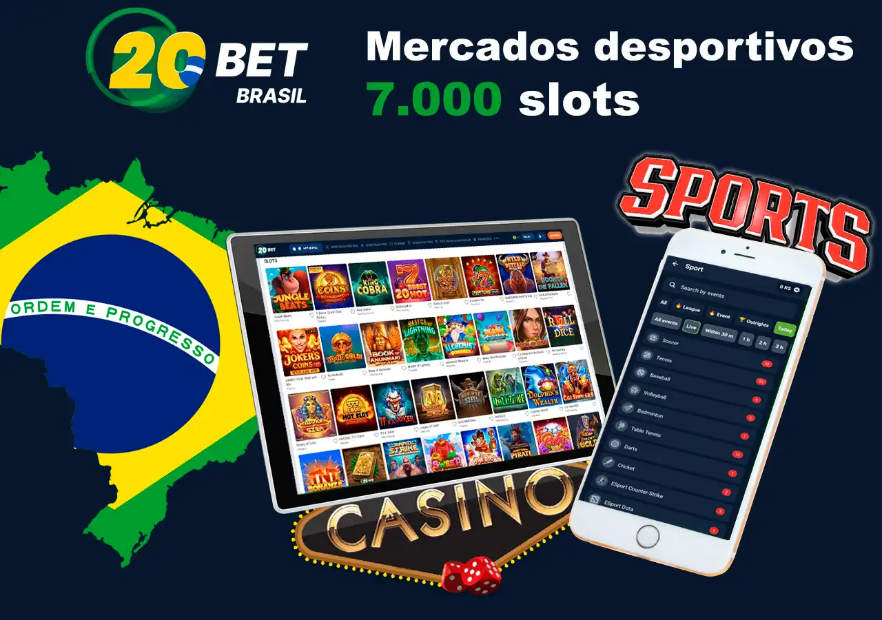 Uma variedade de mercados esportivos e slots na casa de apostas oficial 20Bet no Brasil